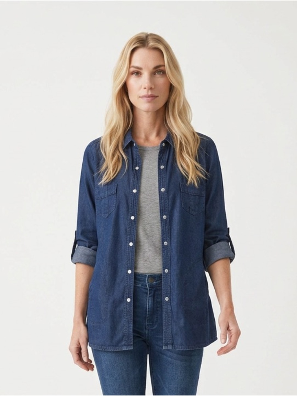 Love Stitch Dark Blue Denim Button-Down Shirt